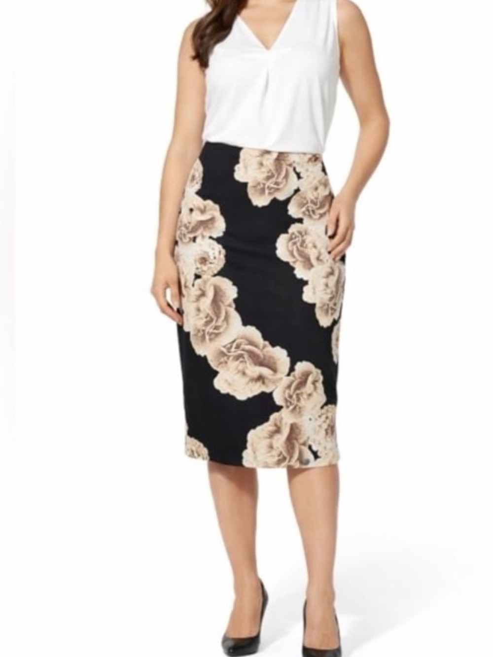 New York & Company Black Pencil Skirt with Beige Floral Print